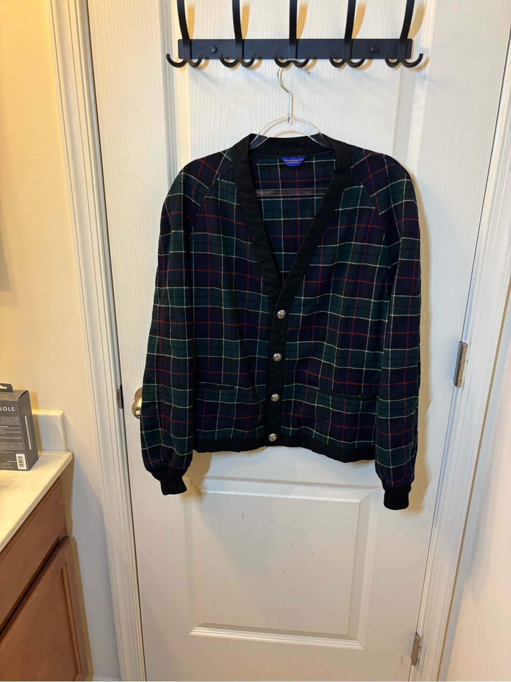 Vintage 80s Pendleton Plaid Wool Bomber Cardigan Academy Preppy Green Navy L